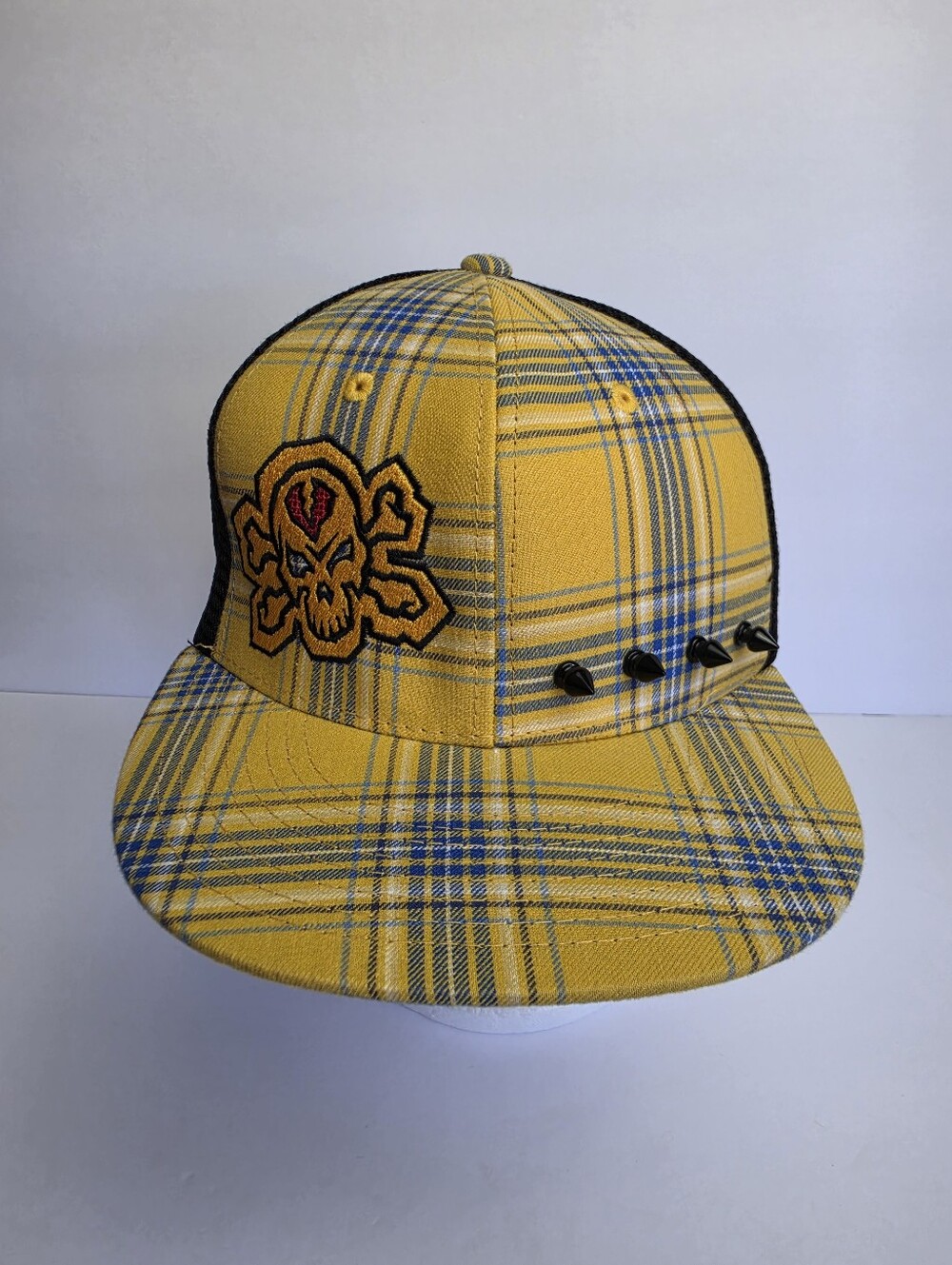 Skull and Spikes Snapback Hat Yellow and Blue - Black Mesh - OSFM